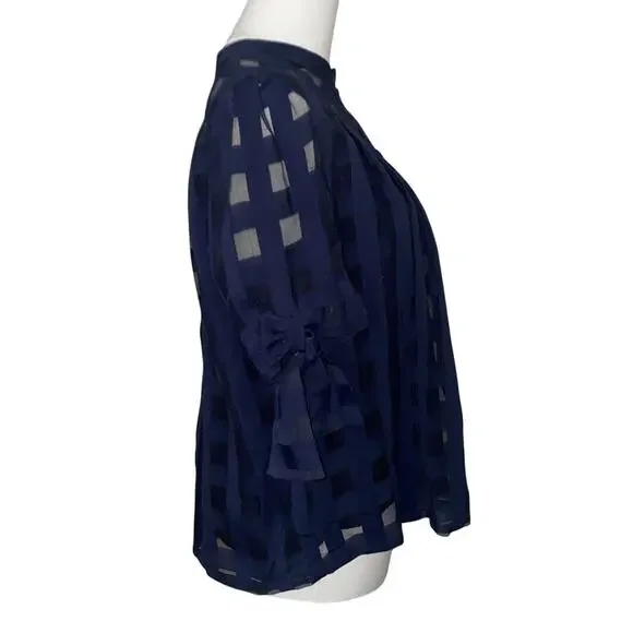 Current Air Anthropologie Blouse SP Short Sleeve Button Up Plaid Sheer Bows - Picture 13 of 16